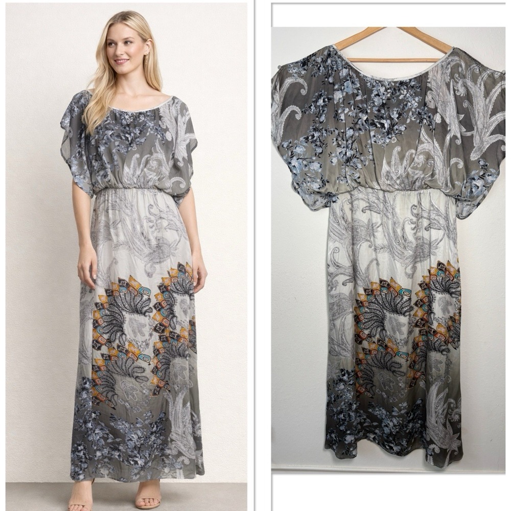 Soft Surroundings Floral Paisley Boho Maxi Dress Batwing Flutter Sleeve L Fairy